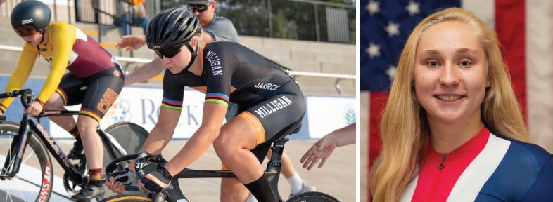 Two photos: 1. cyclists; 2. Meghan Jastrab Olympic headshot