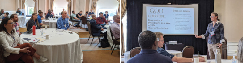 Two photos: 1. participants seated at roundtables; 2. speaker standing beside projector screen