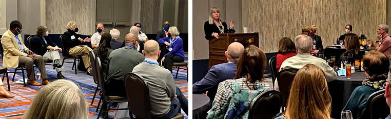 Two photos: 1. masked participants seated in chairs; 2. Marjorie Hass presenting from podium