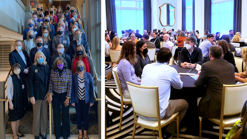 Two photos: 1. masked participants standing on stairwell for group photo; 2. masked participants seated at roundtables