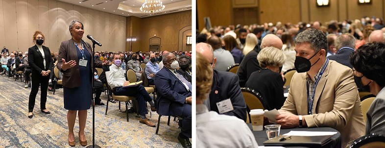 Two photos: 1. participant standing at microphone to ask a question during plenary; 2. large room with masked participants seated at roundtables