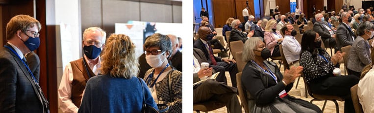 Two photos: 1. four participants speaking between sessions; 2. seated audience clapping