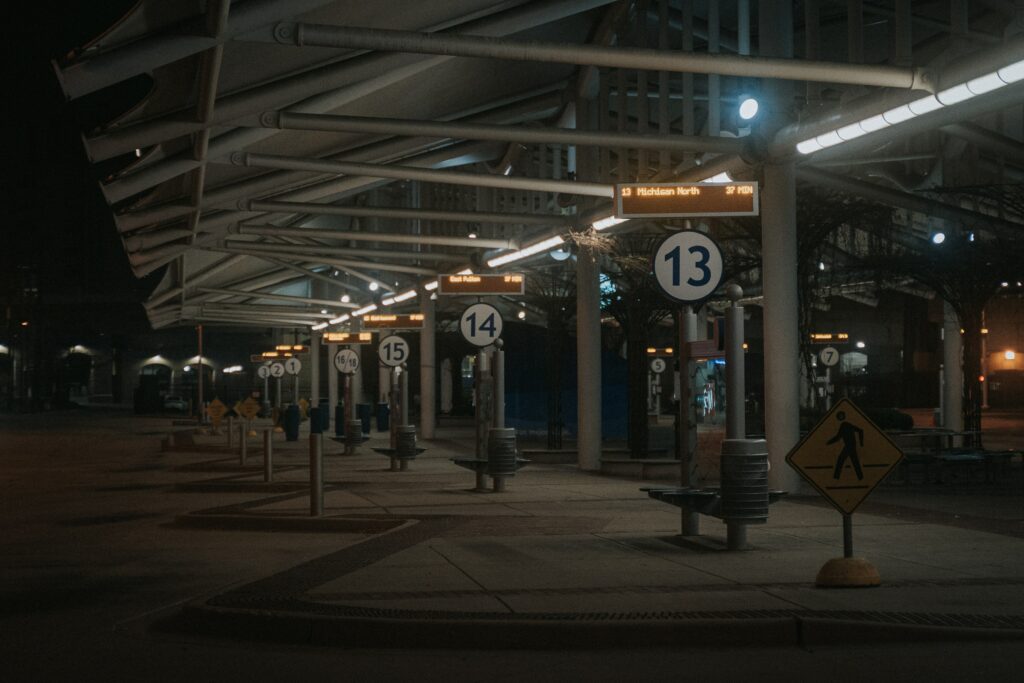 Bus stop at night in Grand Rapids, MI.