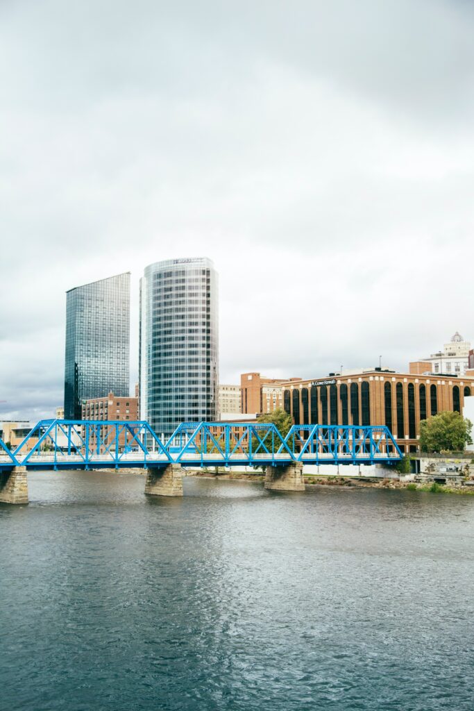 View of the Grand Rapids, Michigan skyline, the Blue Bridge, and the Grand River.