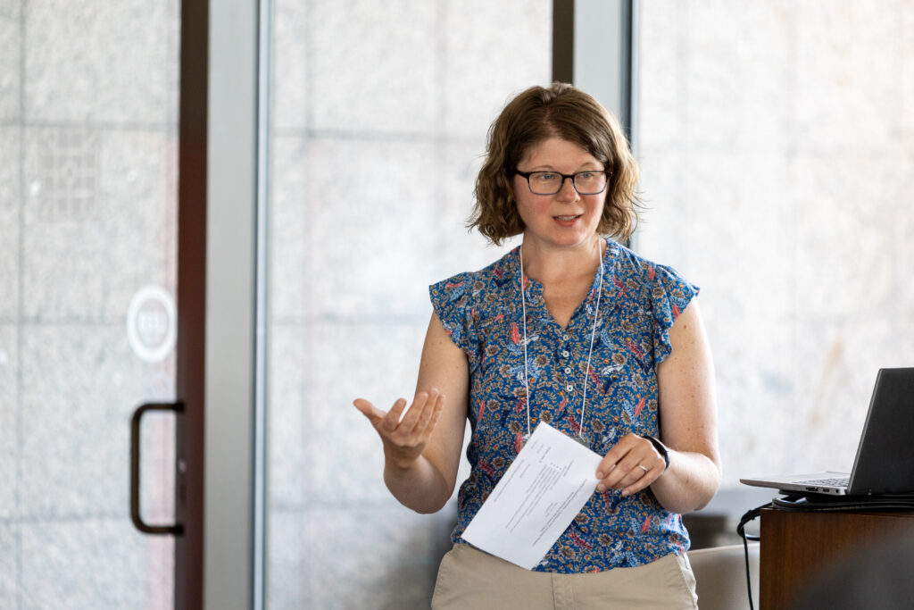A woman presenting