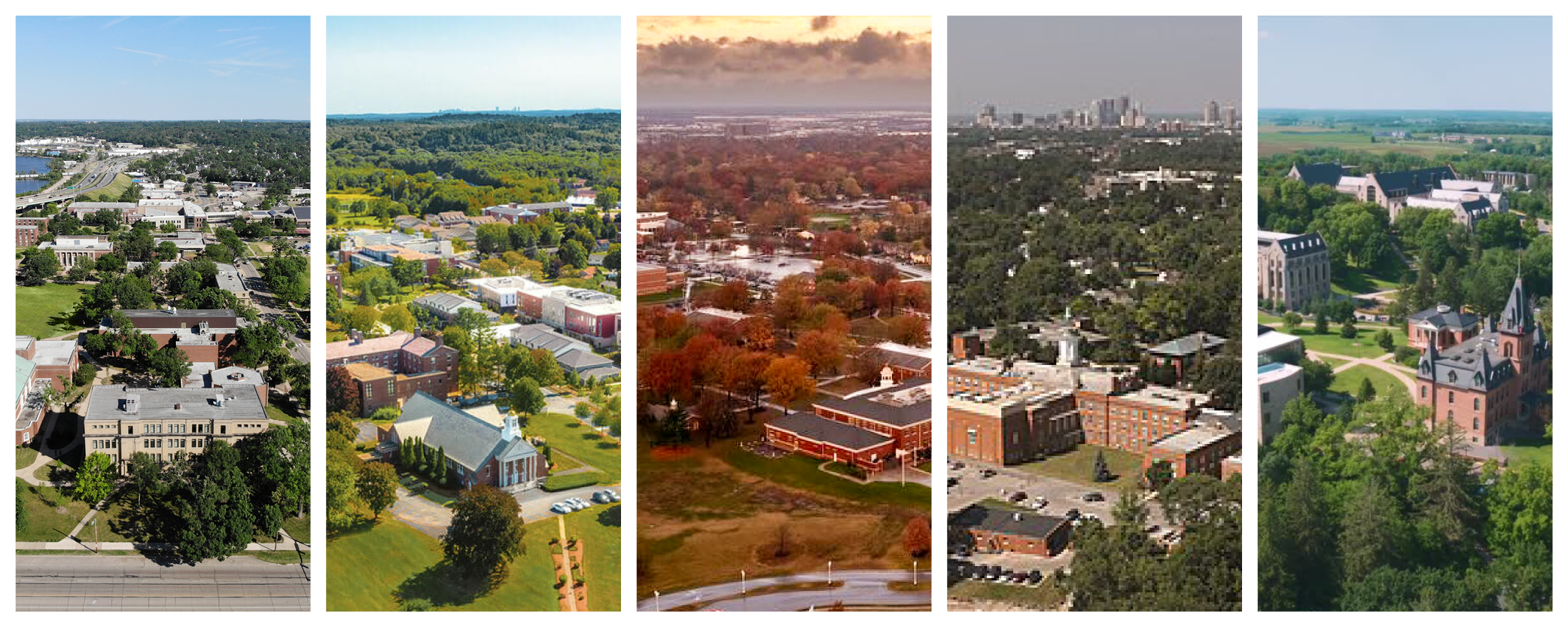 Collage of five college campuses: Coe College, Merrimack College, MidAmerica Nazarene University, Ohio Dominican University, and St. Olaf College.