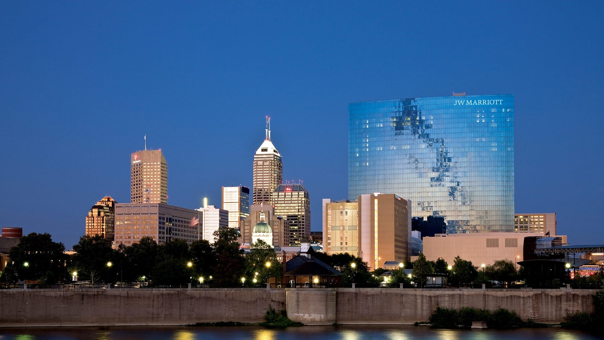 View of JW Marriott and Indianapolis skyline at dusk