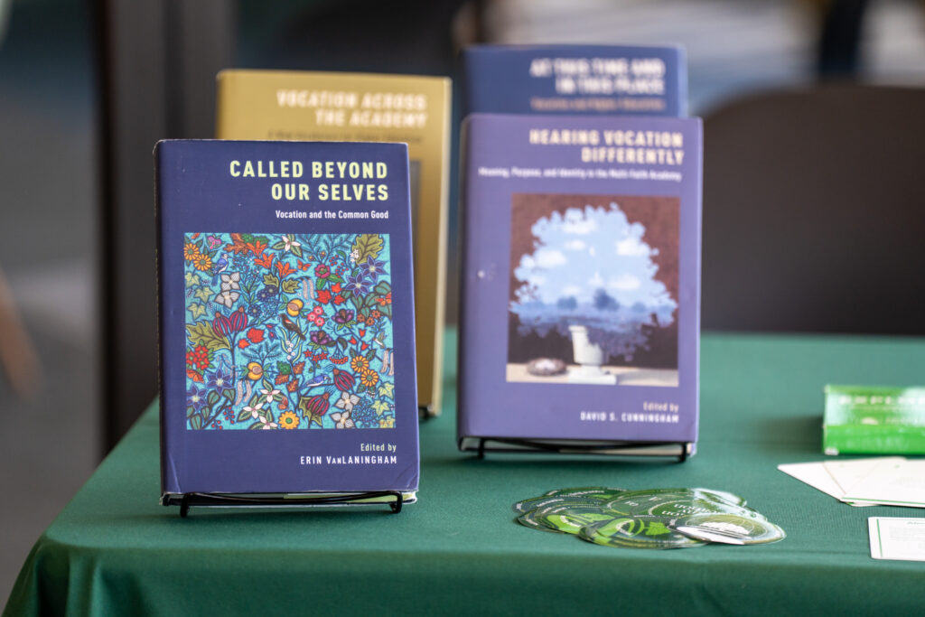 An image of the four NetVUE Scholarly Resources books, with the most recent publication, "Called Beyond Our Selves", foremost and in focus.