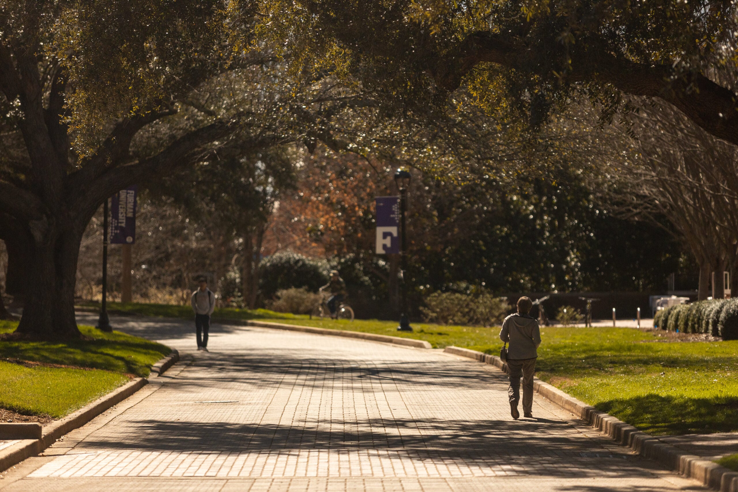 Two individuals walking on a stone path on Furman University's campus.