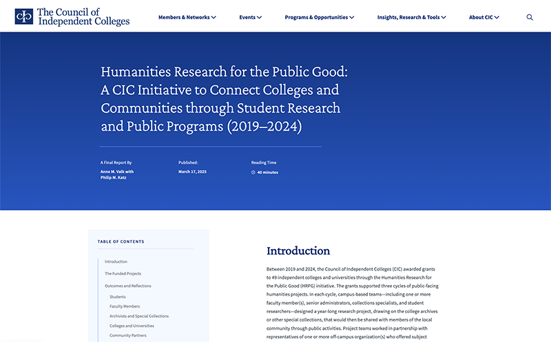 Screen capture of Humanities report website