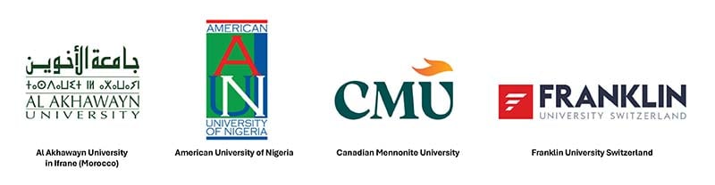 Logos for Al Akhawayn University, American University of Nigeria, Canadian Mennonite University, and Franklin University Switzerland