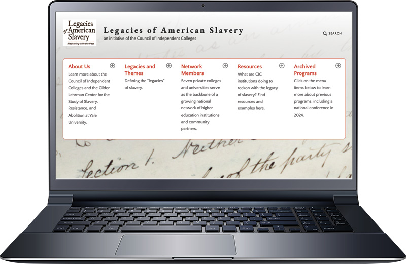 Graphic of laptop displaying screen capture of Legacies website