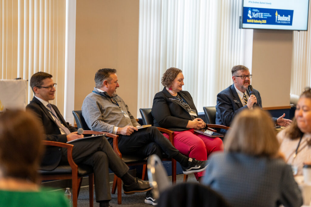 A panel of speakers presenting during the NetVUE regional gathering hosted by Bushnell University, "The Purposeful University."