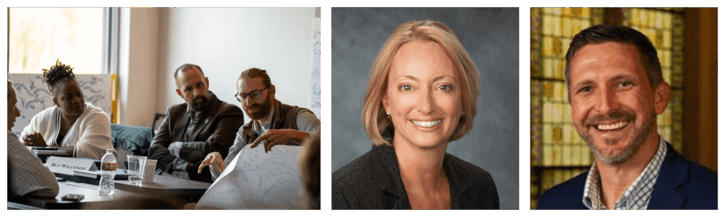 A collage of three images: one of a group of people seated at a table and talking, and two head shots of Nicole Johnson and Jason Mahn