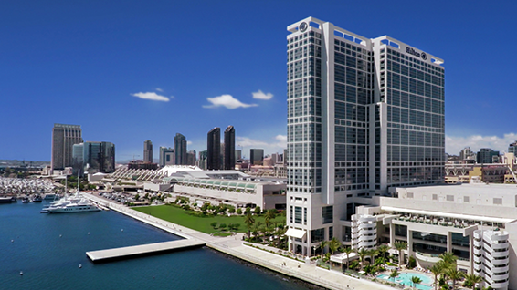 Exterior view of Hilton San Diego Bayfront hotel with view of bay